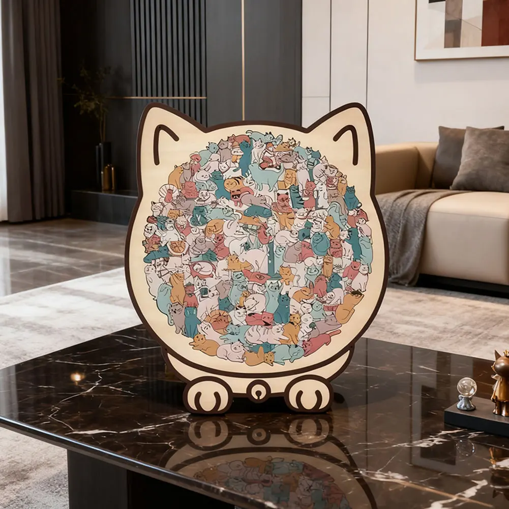 Morandi-Colored Cat Shaped Wooden Jigsaw Puzzle Unique Animal Unique Animal Shape Wooden Puzzles for Adults Kids