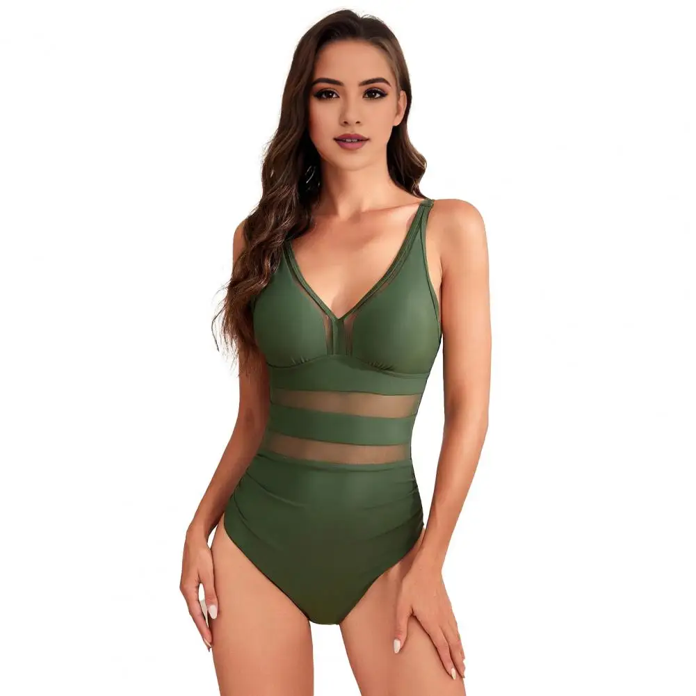 Elegant Padded Swimsuit with Fitted Shorts Stylish Women's Mesh Splicing One-piece Swimsuit with Tummy Control Deep for Summer