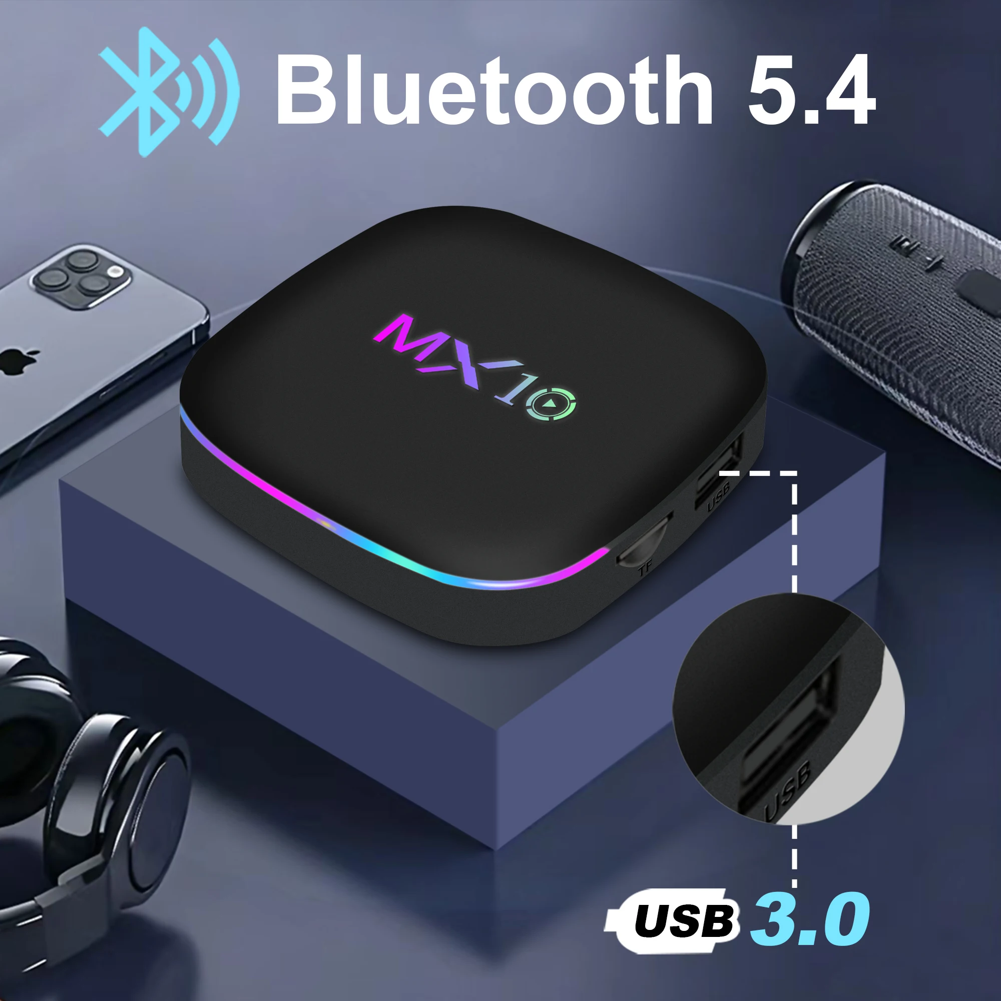 Large Memory MX10 Android TV Box 8GB RAM 128GB ROM WiFi6 Dual Band 2.4G 5G BT5.4 HDMI2.1 4K Video Playback Media Streamer