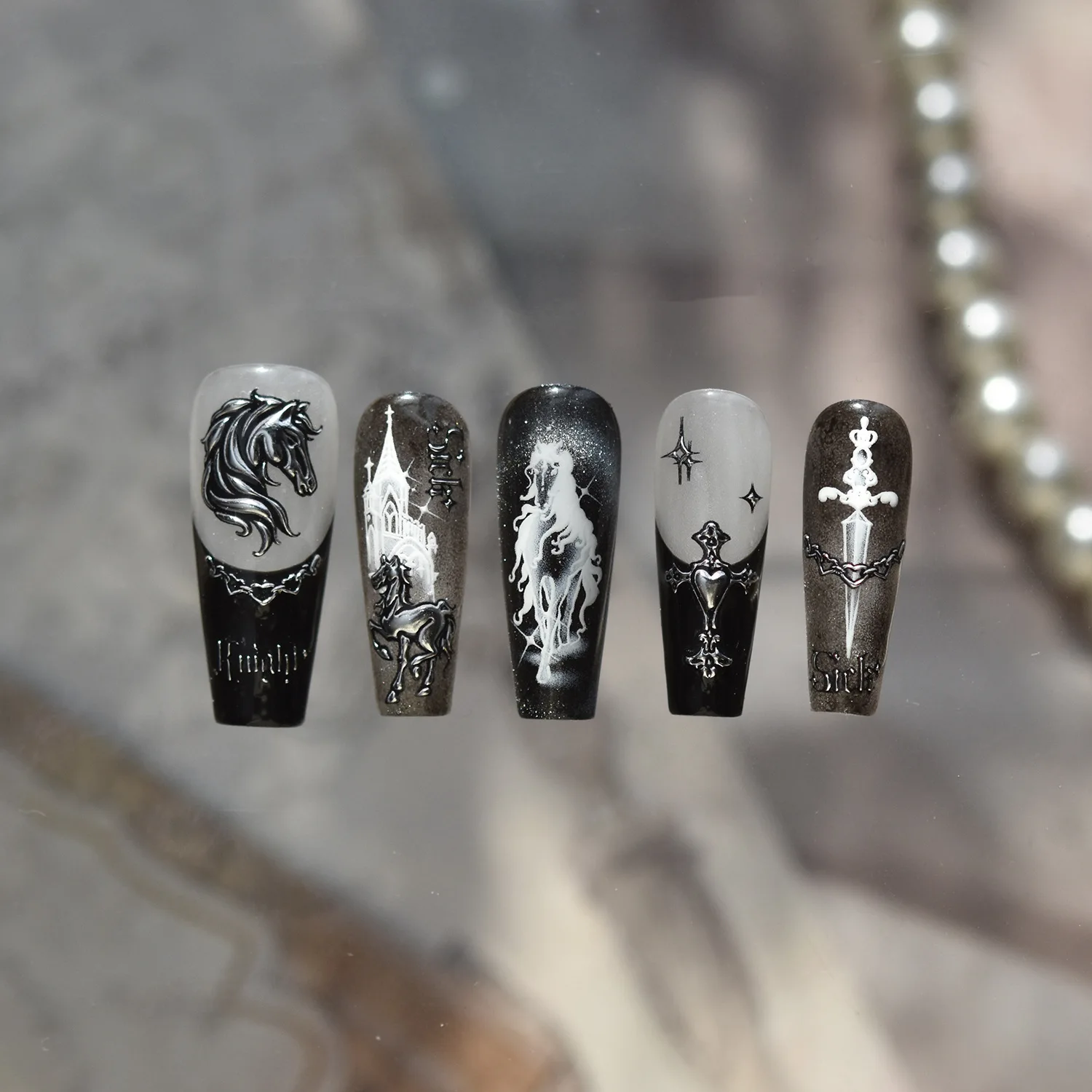 Knight Horse Sword Photo Frame High Quality Cool Girl Nail Stickers Decor Manicure Decals T-5284