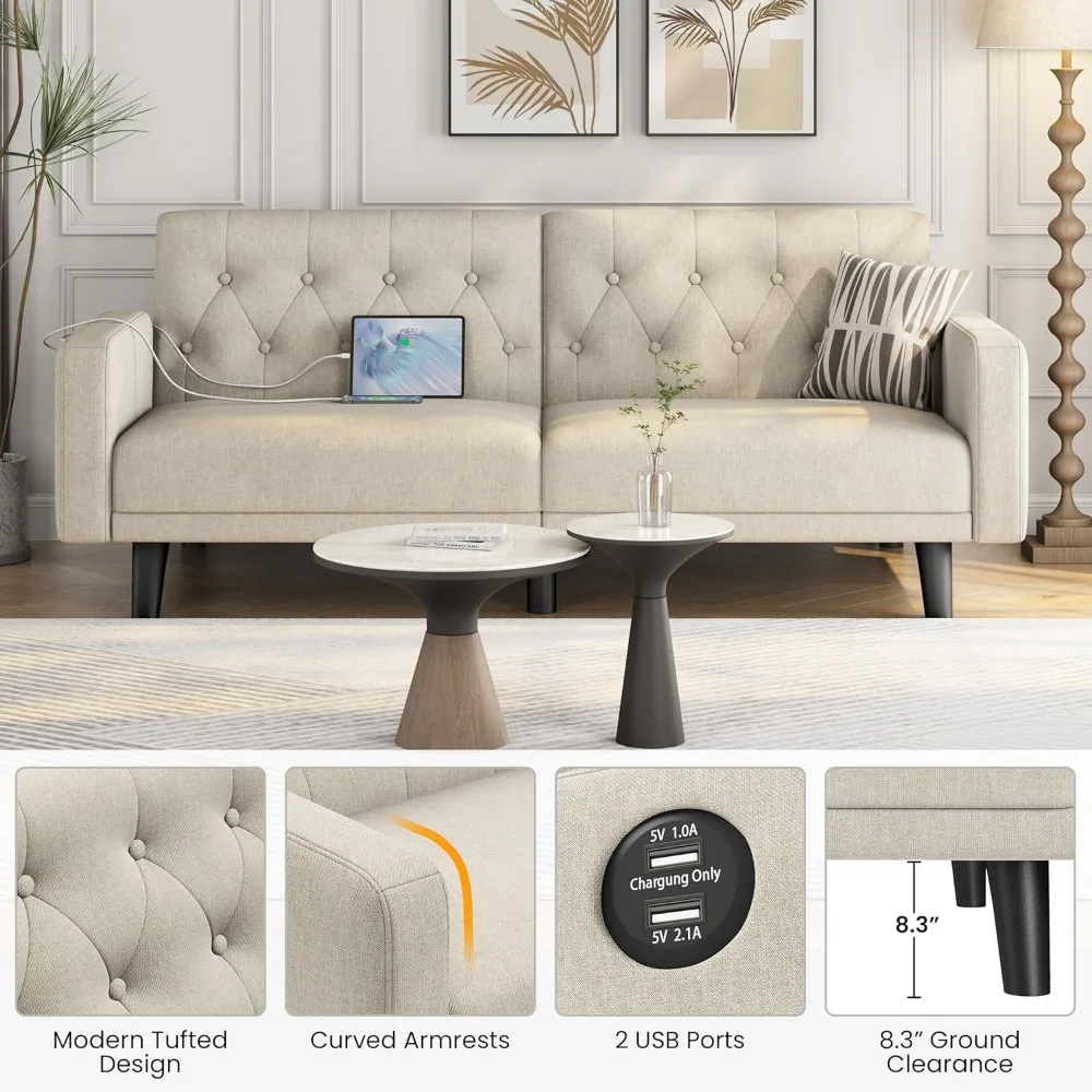 63 Convertible Couch Small Futon Sofa Bed with 2 USB Ports, Reclining Backrest & Removable Armrests, Mid Century Moder
