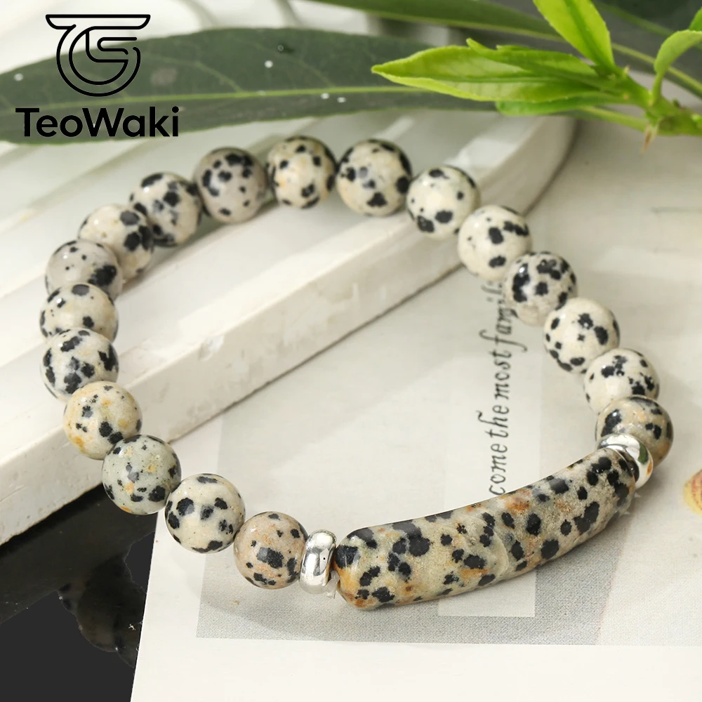 Teowaki Natural Stone Beaded Elastic Stretch with Round Beads and Bridge-type Dalmation Jasper Decoration Daily Jewelry Gift19cm