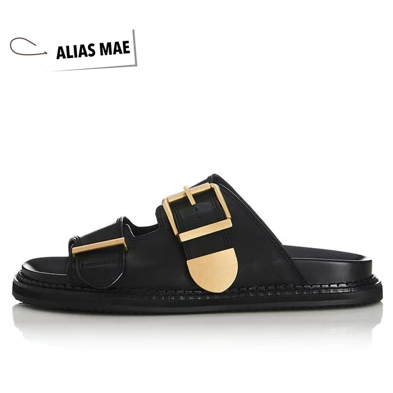 ALIAS MAE2025 Lente Nieuwe Lederen Splicing Stiksels Een Woord Gesp vrouwen Platte Platte Casual Comfortabele Sandalen