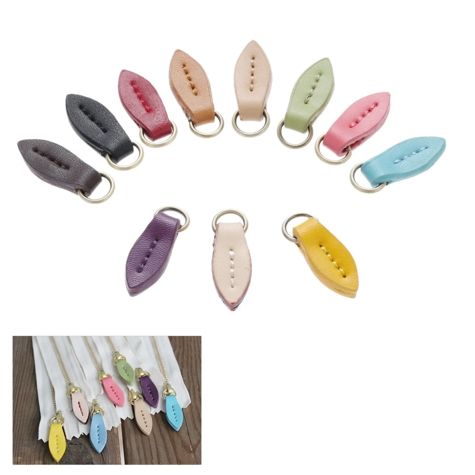 5 Pcs 33*11mm Genuine Leather Zipper Pullers Leaf Shape Pull Head Replacement Sewing Craft Bag Fasteners Leather Alloy Pendant image 3