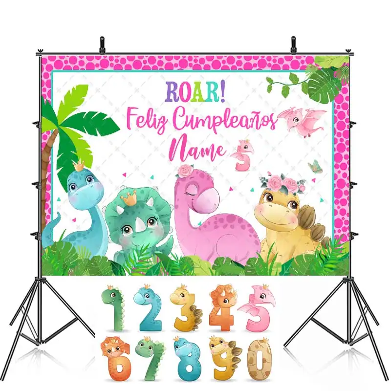 

Cute Dinosaurs Birthday Party Backdrop Photography Baby Shower For Kids Girl Pink Dinosaur Background Banner Custom Name Pic