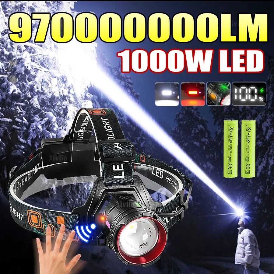 

Сверхяркий светодиодный налобный фонарь 970000000LM, 1000 Вт, самый мощный, с дальностью 5000 м, перезаряжаемый, для рыбалки, на аккумуляторе 18650