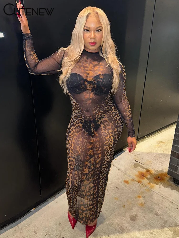 Cutenew Leopard Mesh Sexy Women Dresses Stunning Coquette Full Sleeve O-neck Sexy Sheer Long Vestidos Female Midnight Clubwear