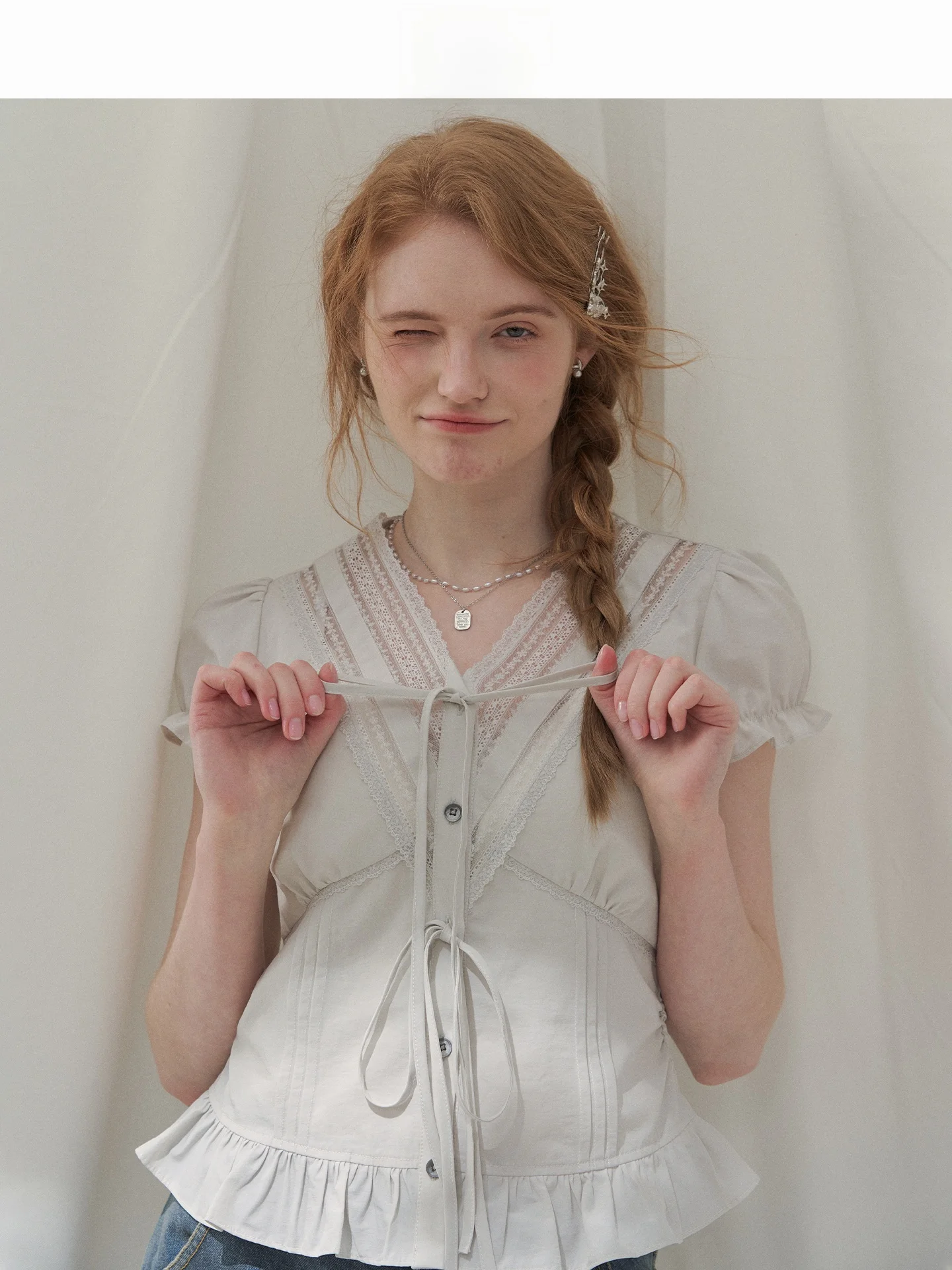 

LOLOL Летняя женская блузка с рукавами-фонариками, V-образным вырезом, кружевным декором и утягивающим поясом, модный топ из полиэстера для девушек