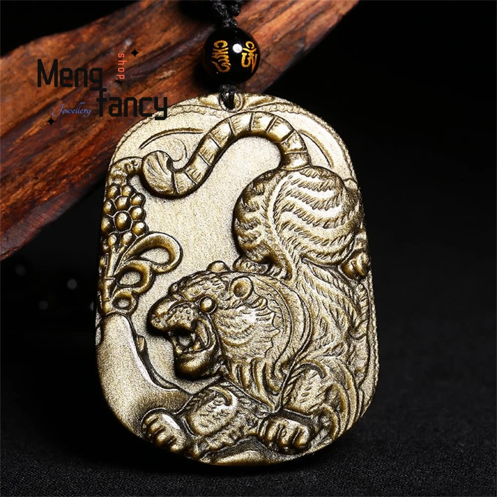 

Natural Gold Obsidian Downhill Tiger Pendant Charms Fashion Engraver Fine Jewelry Men Women Necklace Amulet Mascots Holiday Gift