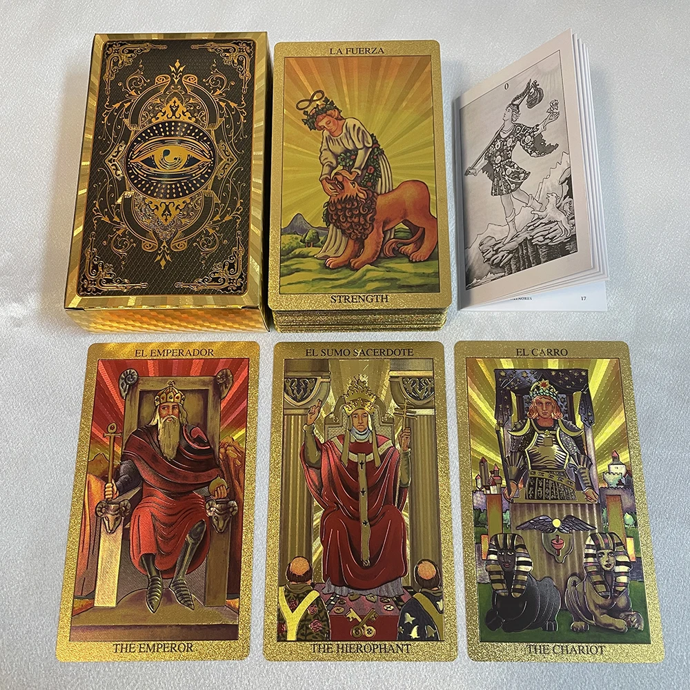 

Spanish Gold Foil Tarot Cards 12x7cm Divination Deck for Beginners with 2 Languages Paper Guidebook Toro Taro