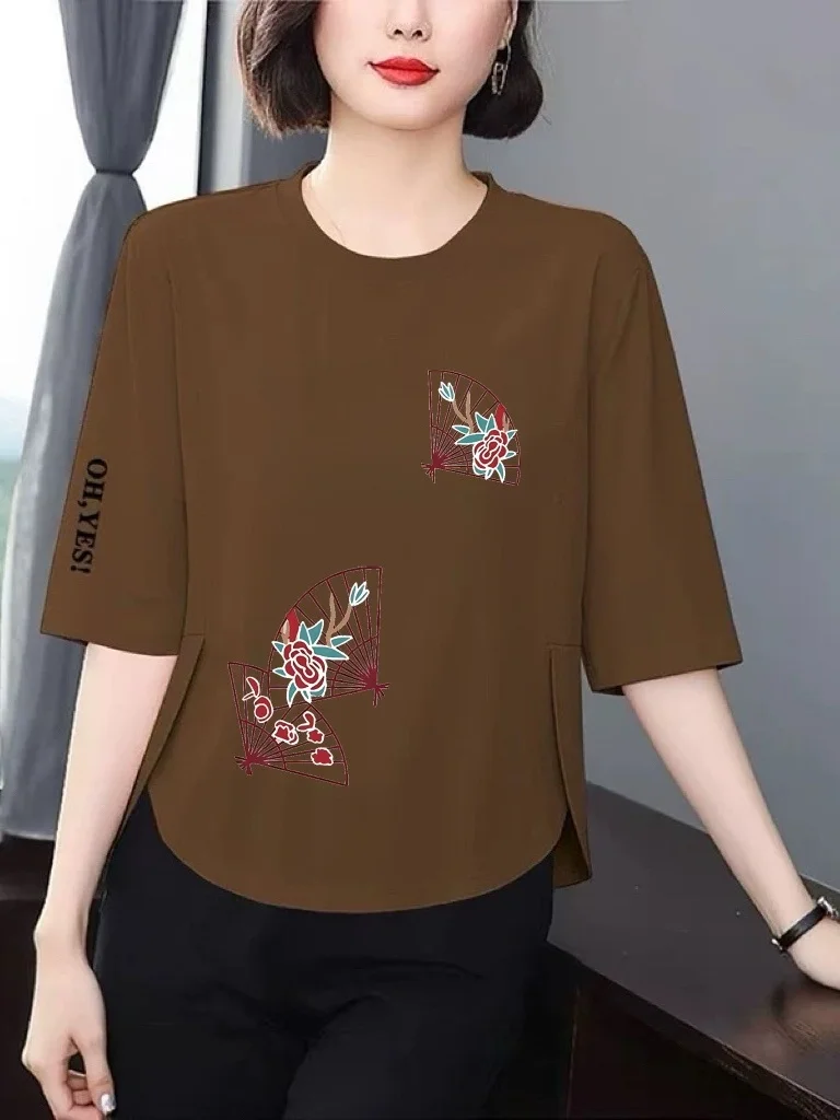 

Loose Printed Three-Quarter Sleeve T-Shirt Women's Middle-Aged Mom Style Slimming Meat Covering Fashionable Youthful Versatil...