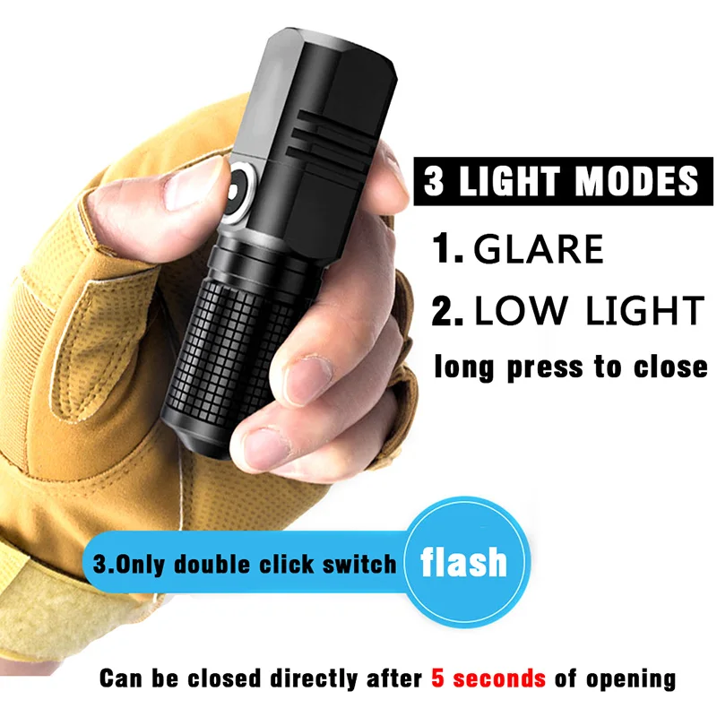 ZK50 Portable USB C Rechargeable Mini 16340 18650 Battery hand-hold Flashlight 1500lm Powerful Torch Can Be Close with One Click