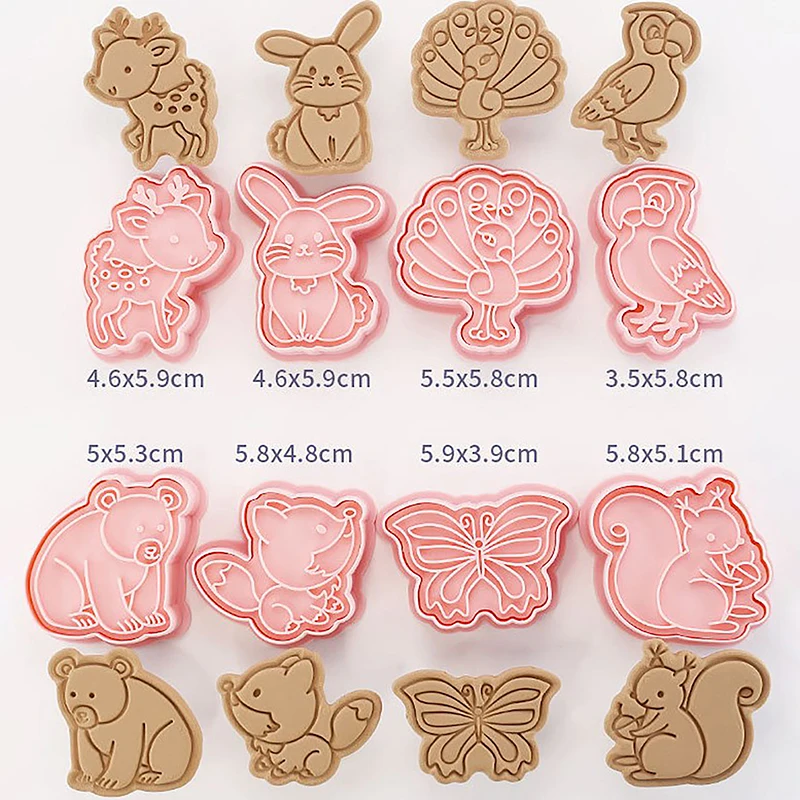 Cortadores de biscoitos de animais 8 padrão de plástico dos desenhos animados pressionável molde de biscoito confeitaria selo de biscoito cozinha ferramentas de pastelaria de cozimento