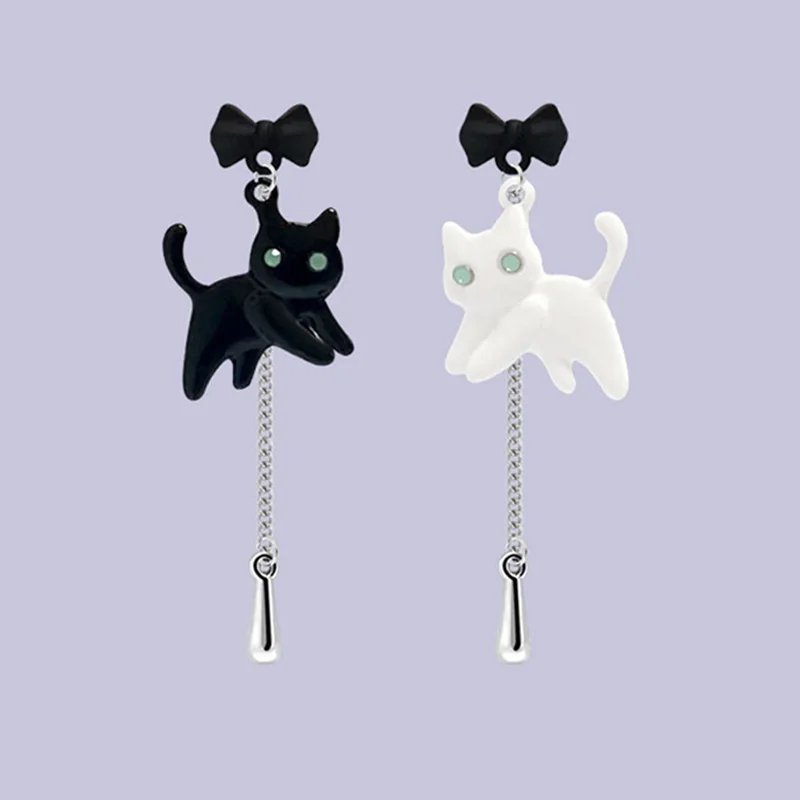 

Korean Fashion Bow Black White Cat Asymmetric Earrings For Women Exquisite Stars Moon Kitten Tassel Dangle Earring Party Jewelry