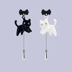 Korean Fashion Bow Black White Cat Asymmetric Earrings For Women Exquisite Stars Moon Kitten Tassel Dangle Earring Party Jewelry