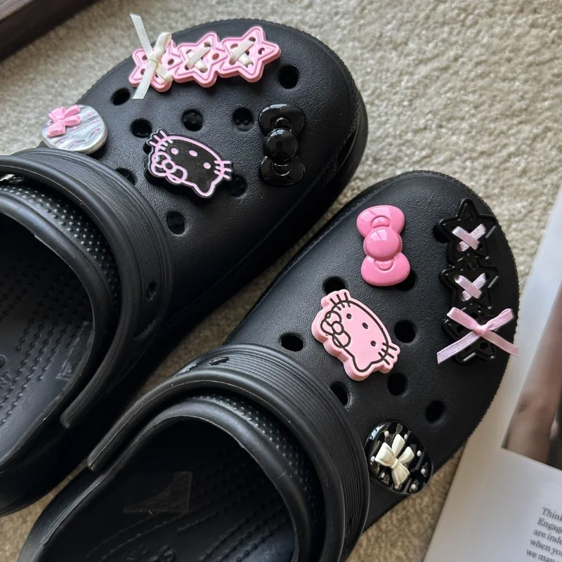 MINISO Black and Pink Serie  Hello Kitty Shoe Charms Accessories Bow Decoration Shoe Charms Buckles Holiday Xmas Gift Idea