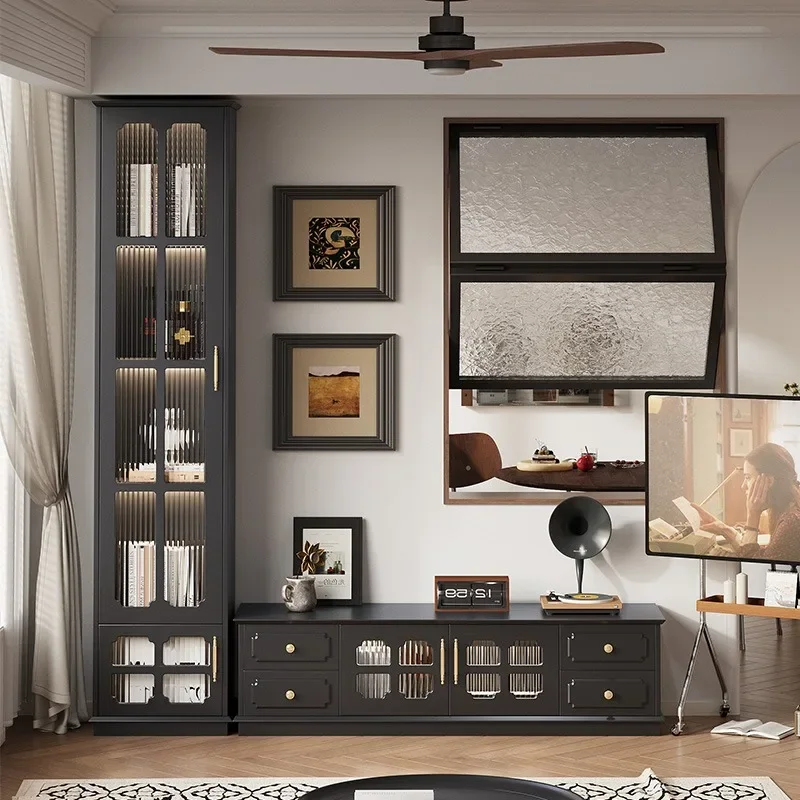 American retro TV cabinet small apartment floor-to-ceiling bookcase storage locker integrated living room home TV background
