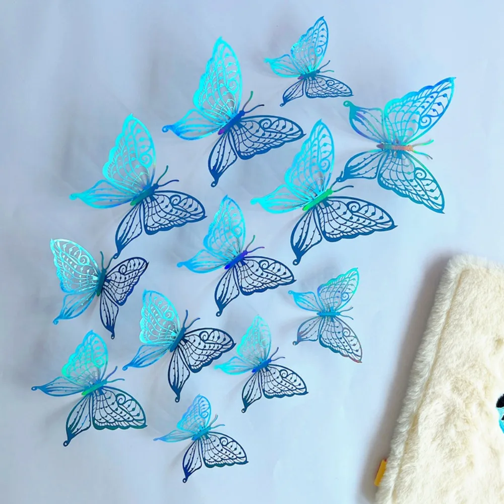 12pcs/set Colorful Hollow Butterfly Sticker DIY Paper 3D Butterfly Wall Decor Exquisite Cartoon Simulation Butterfly Ornaments