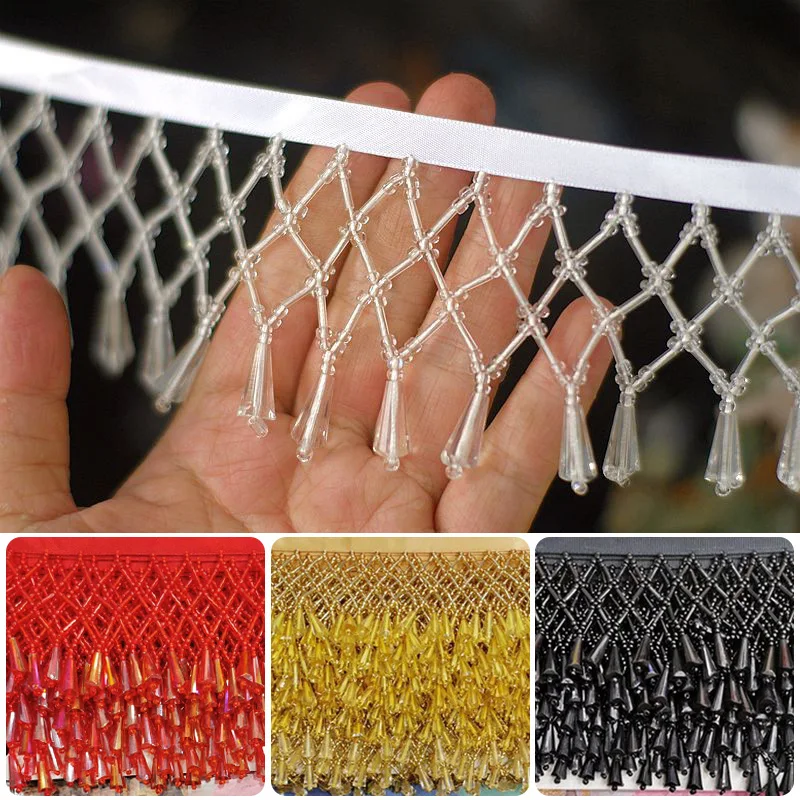 90cm Tassel Fringe Trim Crystal Beaded Lace Trim Embroidery Lace Fabric DIY Curtain Dress Sewing Garment Headdress Materials