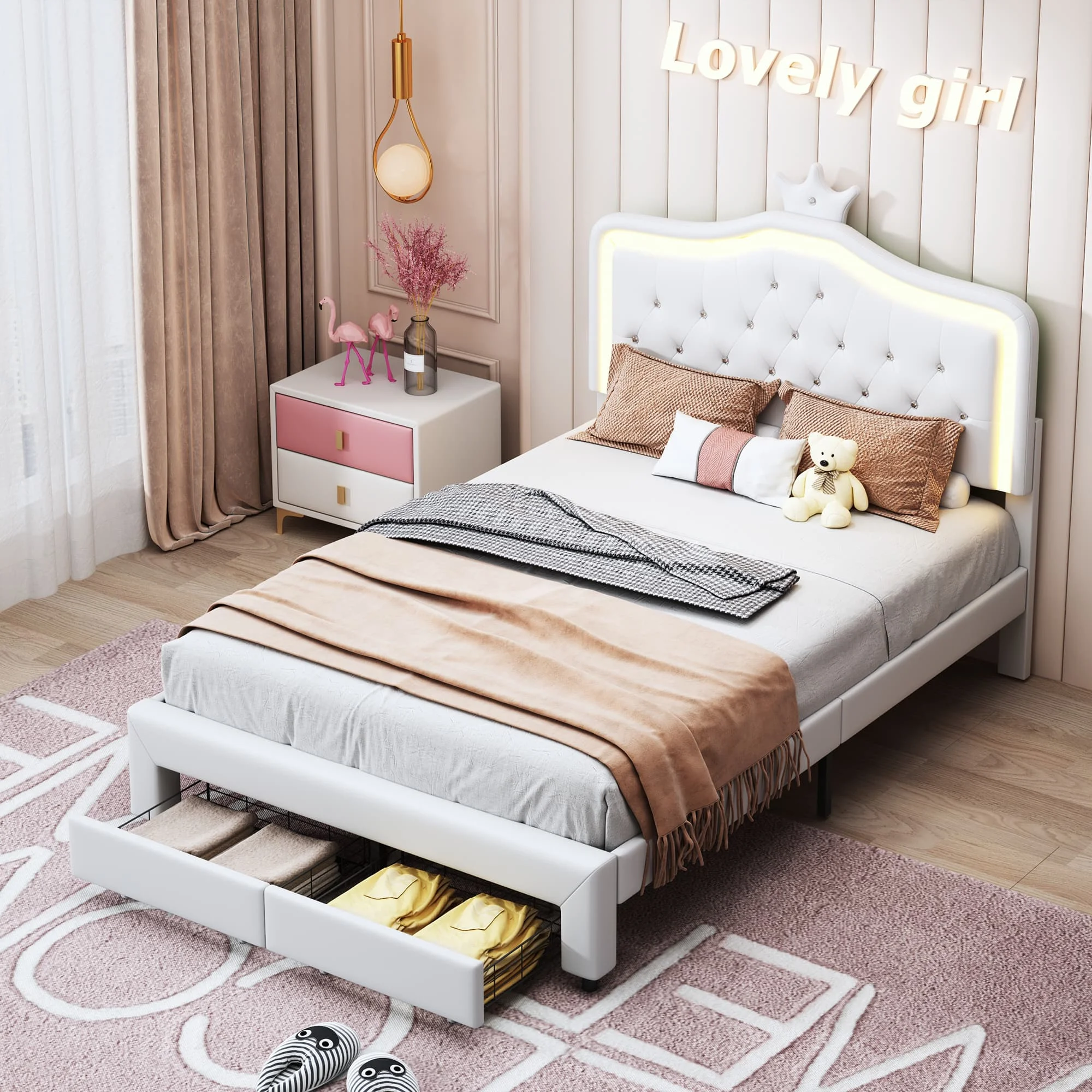 Letto singolo per bambini Rosahqnda 90x200/140x200 cm, letto imbottito in stile principessa con testiera a forma di corona, luce LED, testiera regolab
