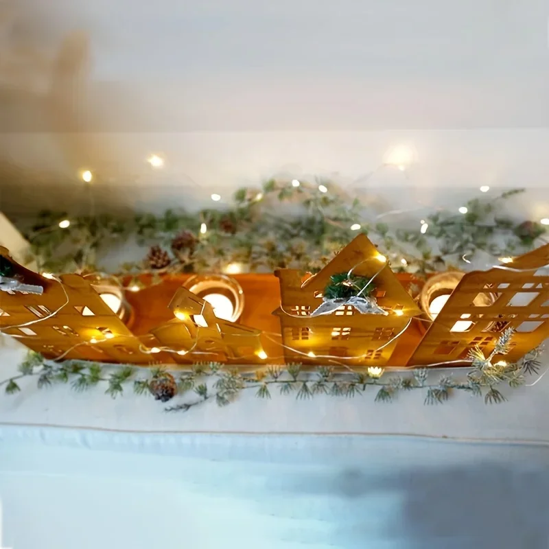 Vintage Metal 3D Layered House Candle Holder 4-Story Mini Village with Glowing Windows Compatible with Lights
