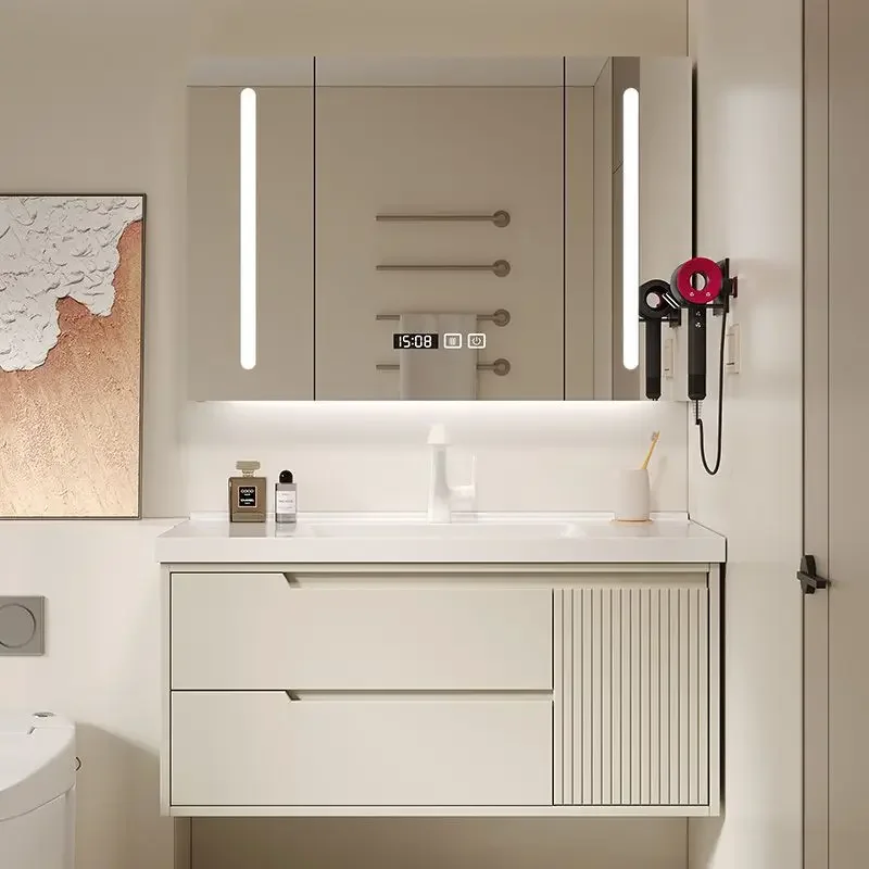 Oak Paint Integrated Ceramic Basin Bathroom Cabinet Combination, Simple Modern Cream, Wash Basin