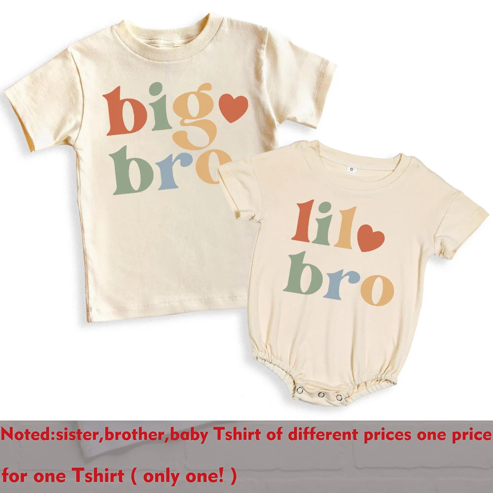 Big Brother Little Sister Printed Shirt Retro Sibling Matching Clothes Kids Short Sleeve T-shirt Tops Baby Large Bubbles Romper