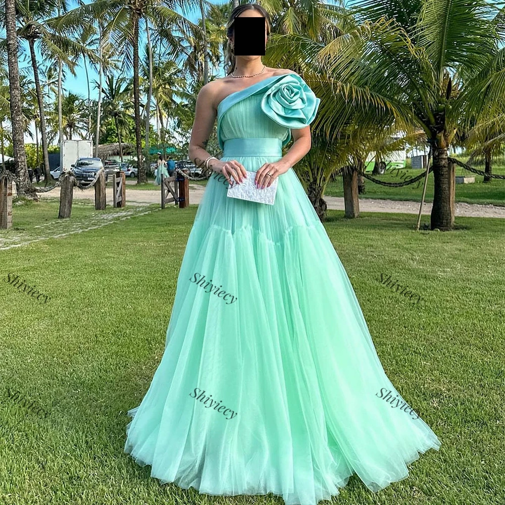 Neueste mint grüne Tüll Abendkleid Damen 3d Blumen ärmellose A-Linie Ballkleid Saudi-Arabien Promi Kleider benutzer definierte Farbe