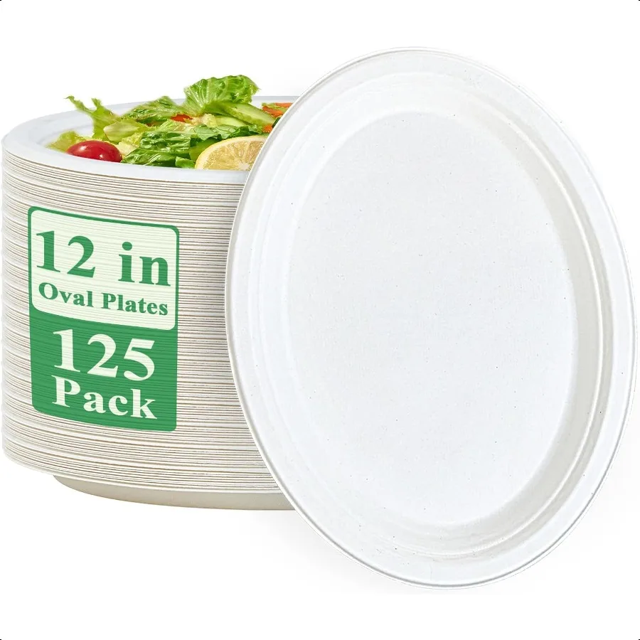 

100 Compostable Oval Paper Plates 12 inch 125 Pack er Strong Paper Plates Bagasse Natural Biodegradable EcoFriendly Sugarcane
