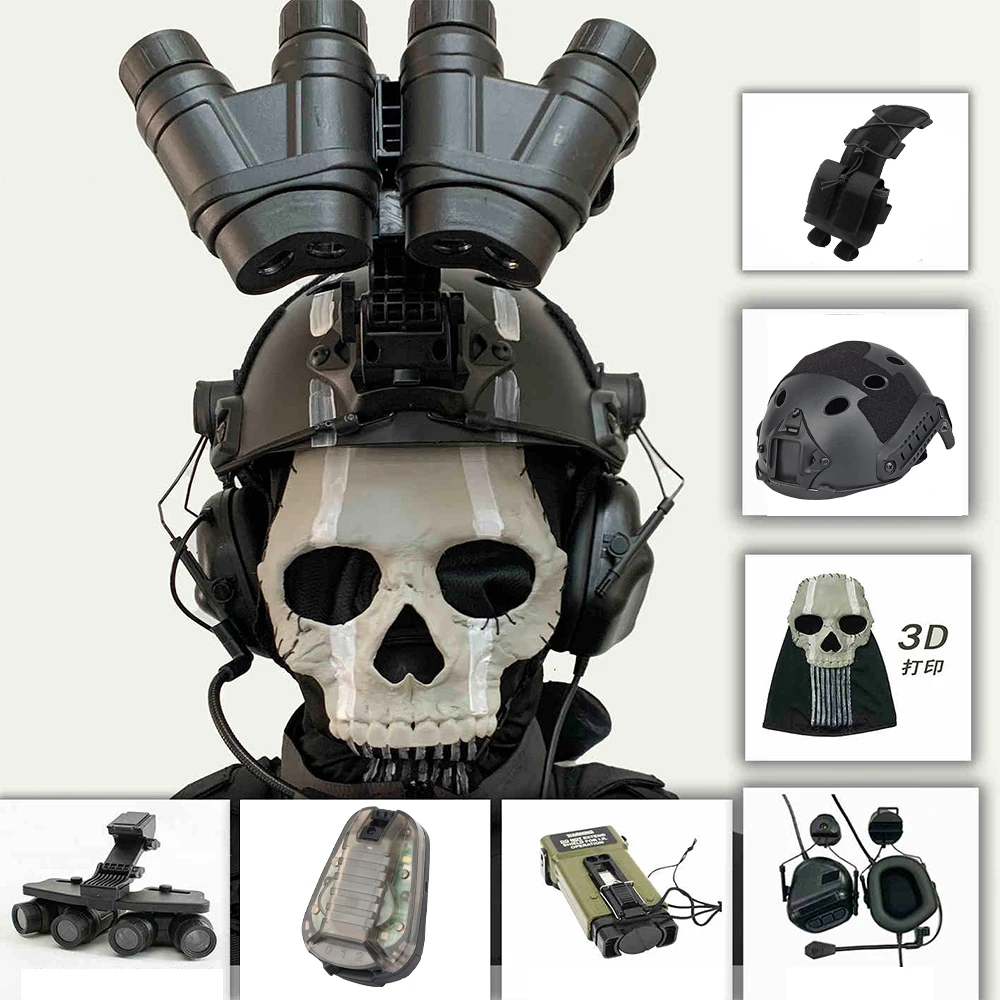 Tactical Airsoft Helmet Set with COD Ghost Skull Mask Communication Headset Foureye NVG Model Signal Light for CS Paintball Game