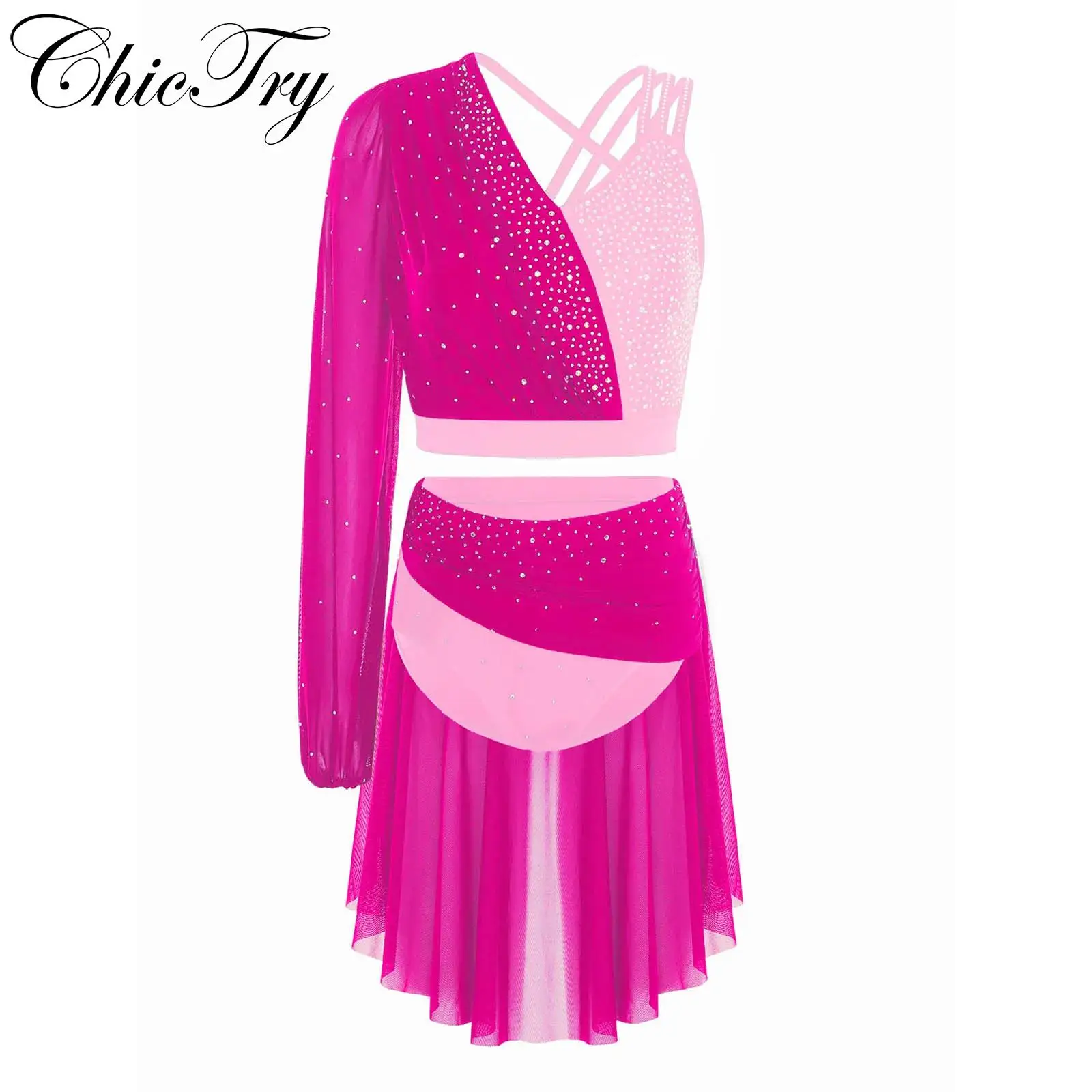 

Womens Lyrical Dance Sets Long Sleeve Crop Top with Asymmetrical Skirt Suit Modern Contemporary Dancewear for Stage Performance
