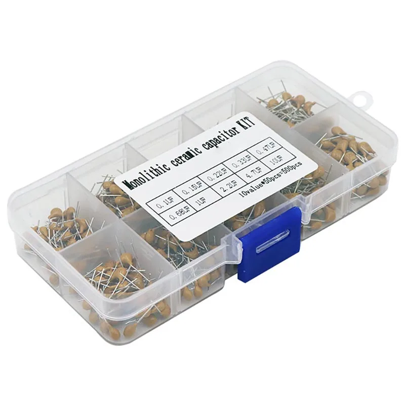 500PCS/Set 10Values Each 50 0.1uF-10uF 224 474 105 225 475 50V Multilayer Ceramic Capacitor Assorted Kit Assortment Set With Box