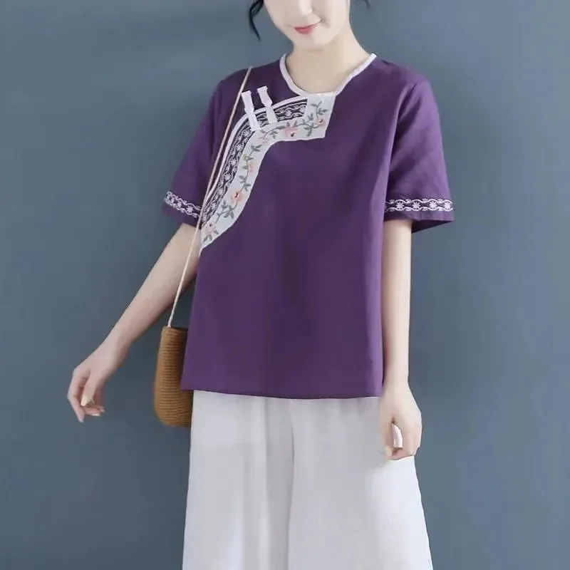 2025 春夏の女性のシャツ刺繍国家風レディトップス気質韓国語バージョンレディースコットンとリネンブラウス