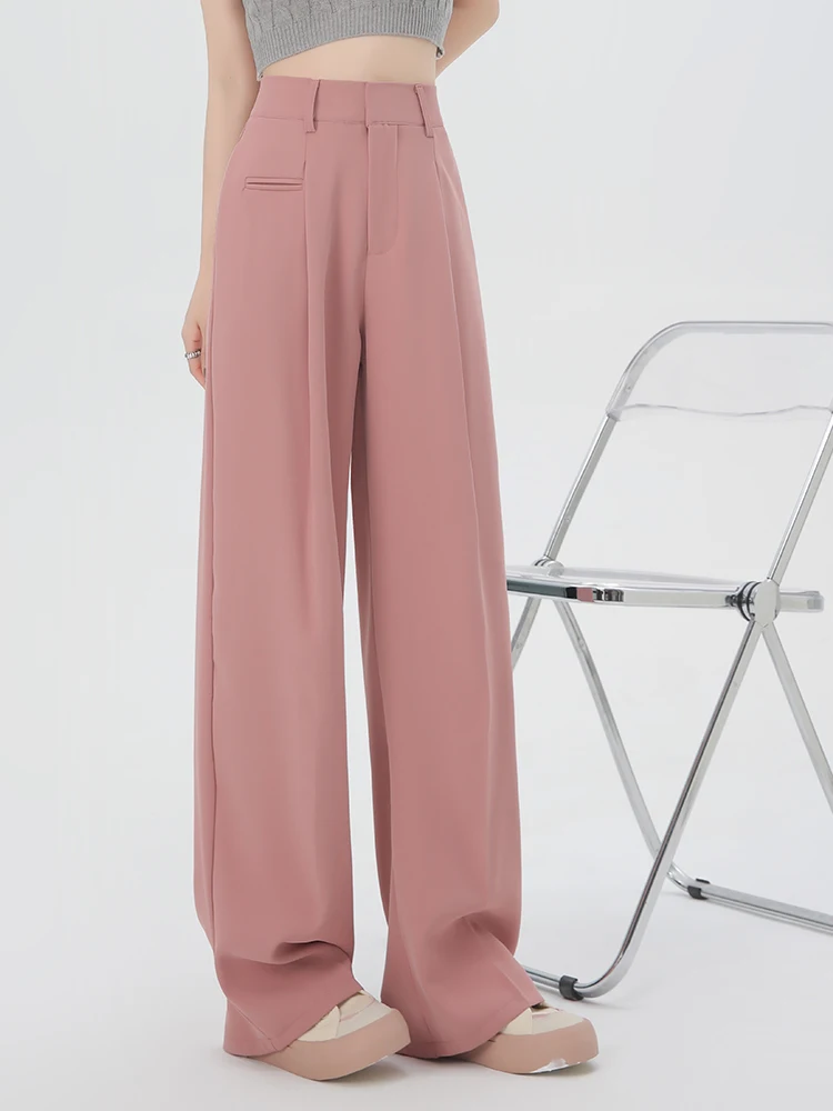 

Розовые широкие брюки из ледяного шелка для женщин, летние, тонкие, с высокой талией, утягивающие, в пол, свободные, повседневные, костюмные брюки