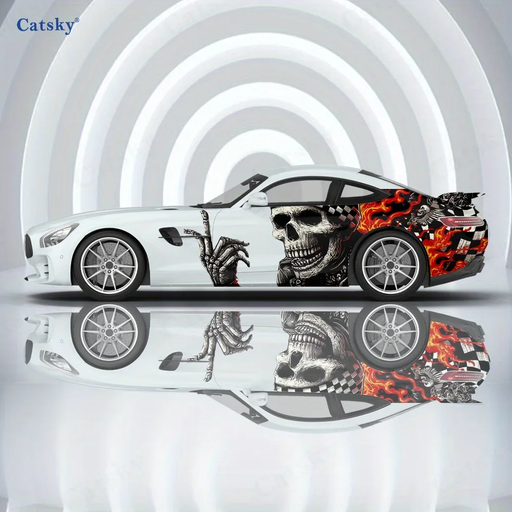 Racing Flag Flame Skull Car Vinyl Wraps Decal Self-adhesive PVC Sticker Suitable for Trucks SUV Decoration Auto Accessories Gift