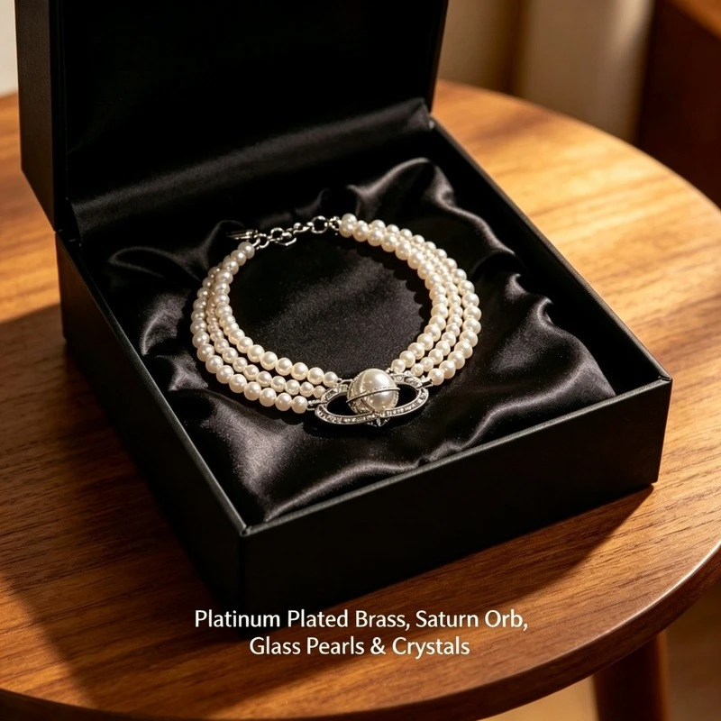 Three Row Pearl Saturn Orb Choker Platinum Plated Brass Crystal Necklace for Women Wedding Party - view 5