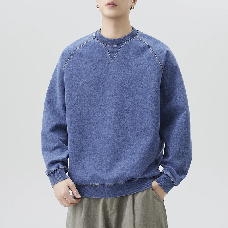 Herbst Vintage Gewaschener Gestrickter Denim-Pullover Herren Streetwear Mode Lässiger Loser Pullover Sweatshirts Cityboy Kapuzenpullover Oberteile