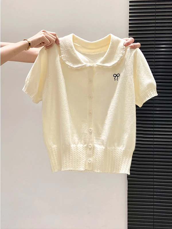 

Sweet Style Short Sleeve Knitted Sweater Women's Spring 2026 New Knot Embroidery Casual Versatile Casual Top
