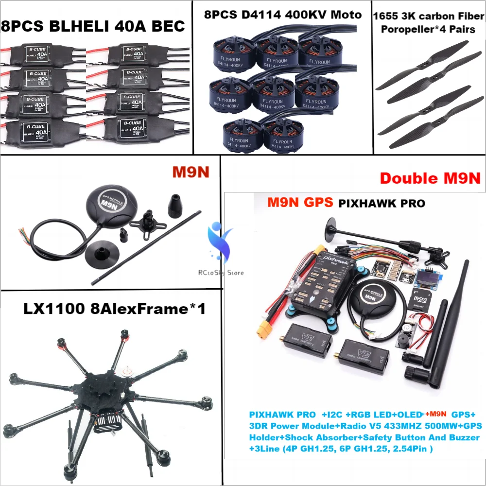 LX1100 Full Carbon Fiber 1100mm Octa-Rotor Frame BLHELI 40A ESC PX4 Pixhawk PRO Double M9N Flight Comtrol Set D4114 Motor