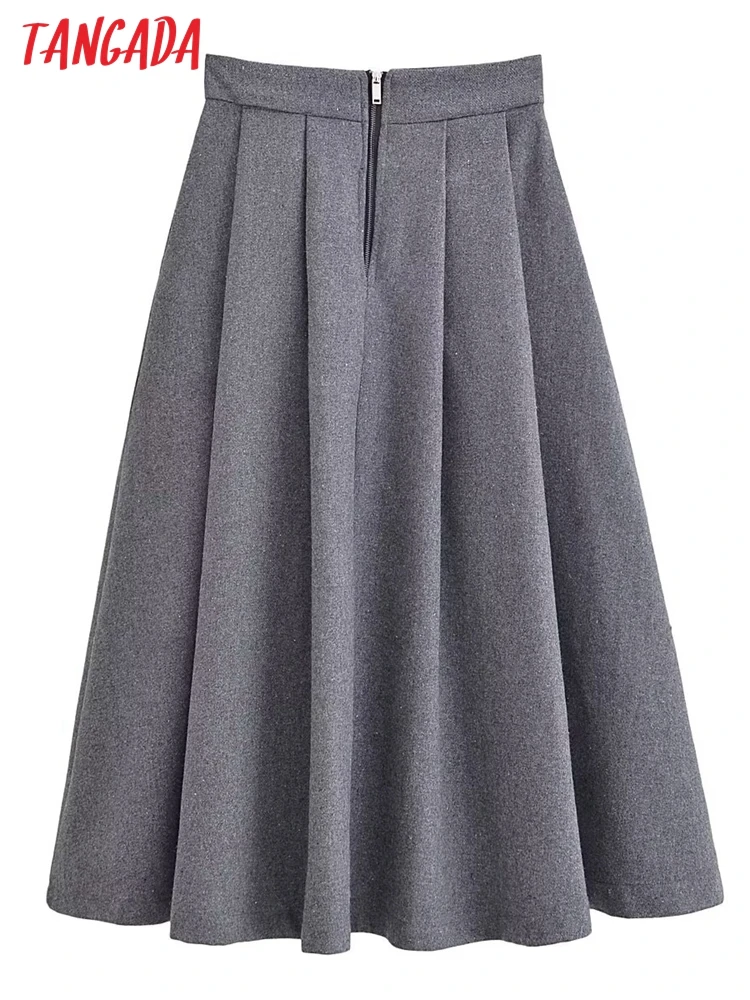 Tangada 2023 Winter Women Gray Thick A-line Skirt With Zipper Ladies Chic Long Skirts 6P270