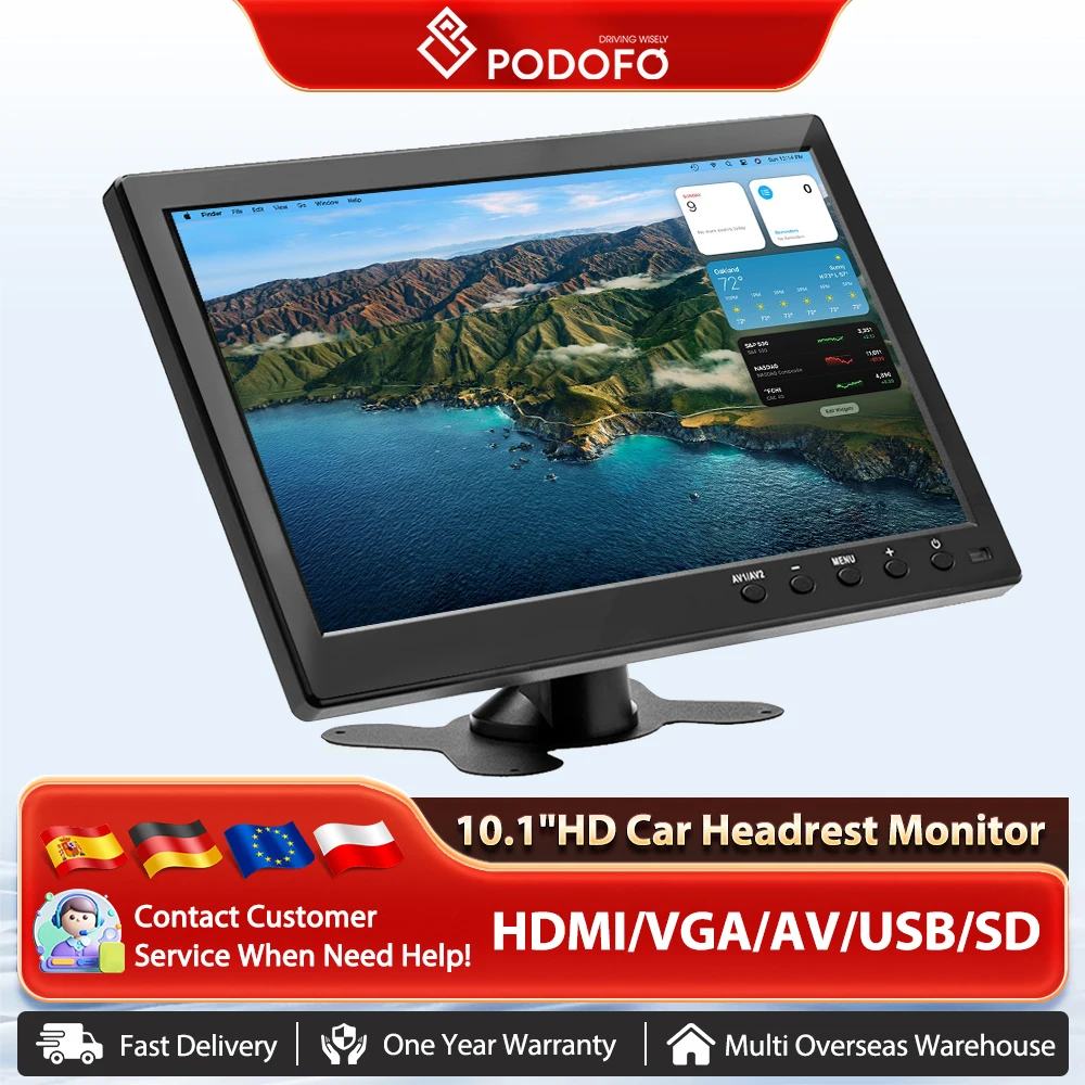 Podofo 10,1-calowy samochodowy ekran LCD Odtwarzacz DVD Monitor Wąska konstrukcja Powłoka UV HDMI VGA AV USB Port SD do monitoringu