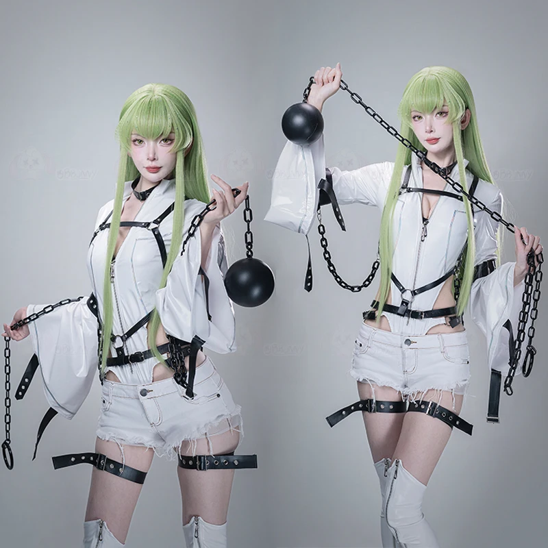 

Code Geass CC Cosplay Costumes Women Sexy Bell Sleeves Leather Bodysuit Socks Bandage Lingerie Halloween Carnival Party Uniform