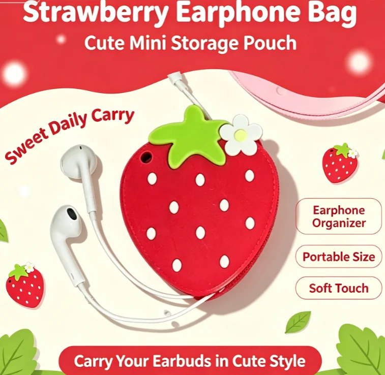 New 3D Printed Strawberry Shaped Cable Organizer, Portable Earbud Cord Winder, Protective Storage Case for Wired Headphones
