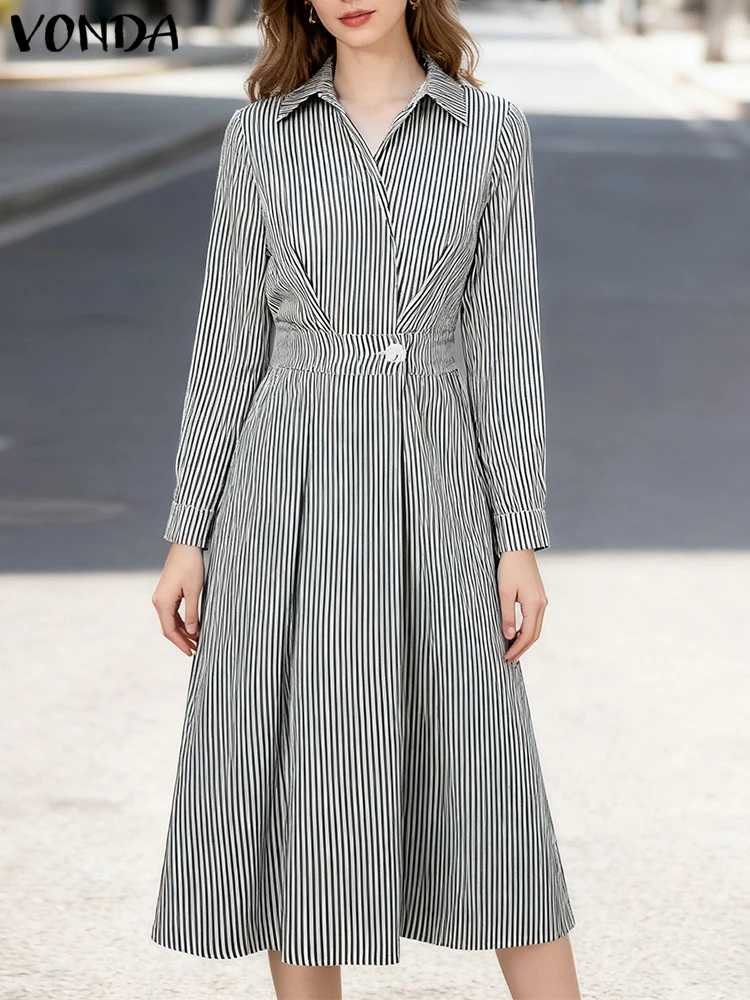 VONDA Elegant Striped Long Dress Women Long Sleeve Buttons Lapel Pleated Shirt Vestidos Autumn High Waist Office Lady Party Robe