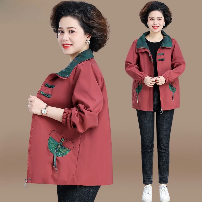 

Весенняя модная верхняя одежда для женщин больших размеров, для среднего возраста, в новом китайском стиле, с воротником, на молнии, укороченная, свободного кроя, с вышивкой