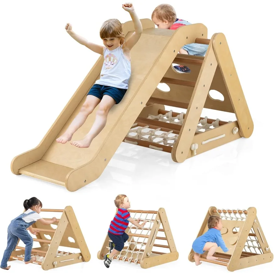 

4-in-1 Triangle Climber with Ramp for Wooden Montessori Climbing Toy with Net Rope Bars 3-Side Climbing Ladder in Natural Wood