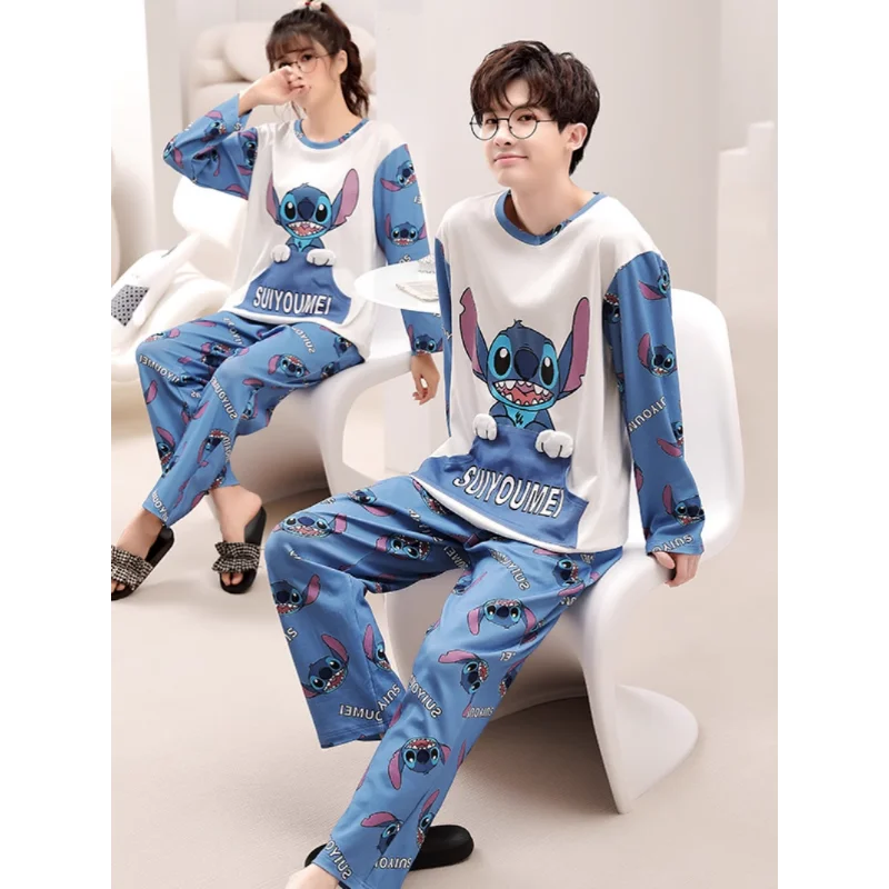 Cartoon Disney couple pajamas men\'s/women\'s pure cotton Stitch autumn two-piece set Stitch women\'s pajamas loungewear