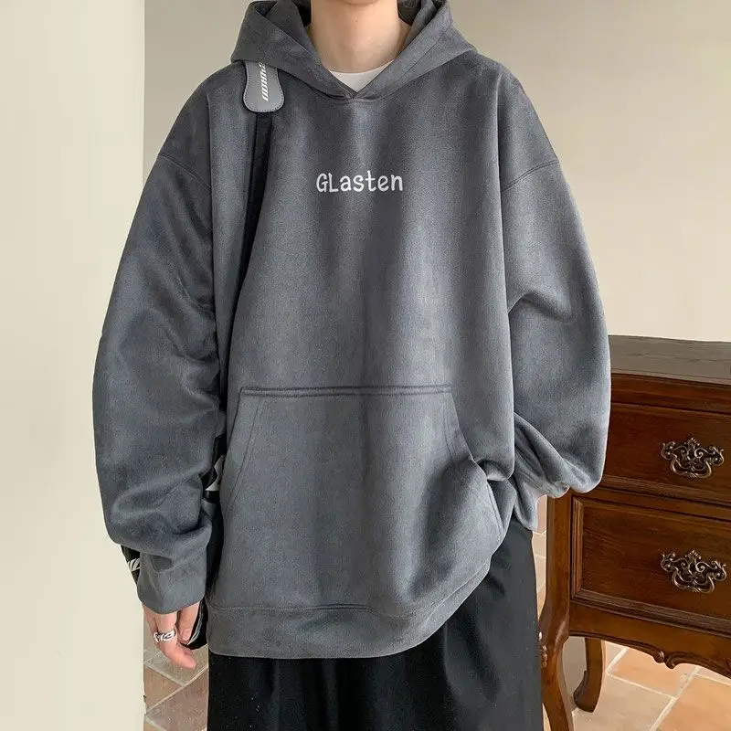 Purple suede sweatshirt for men 2024 autumn and winter American heavyweight hoodie trendy brand youth all match casual jacket