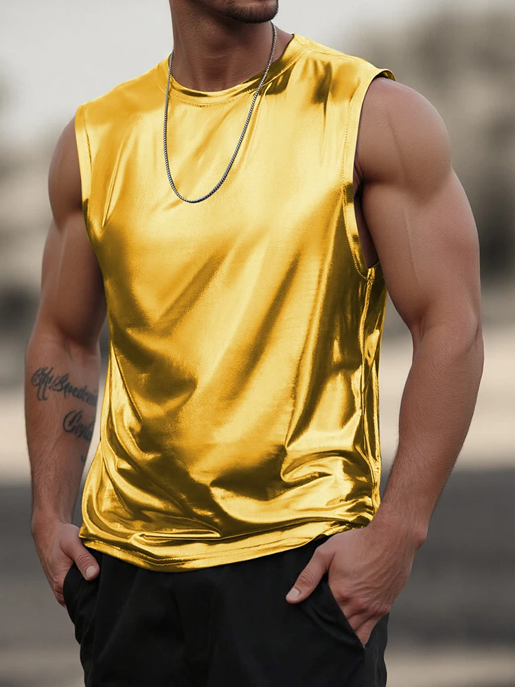 Vintage Shine Tank Tops Mens Party Fashion Sleeveless O Neck Vest T Shirt 2026 Summer Streetwear Men Casual Solid Color Camisole