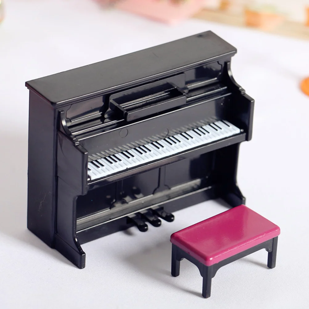 Casa de bonecas piano em miniatura decoração para casa acessório móveis para crianças cena adereços teclado e fezes acessórios brinquedo vertical